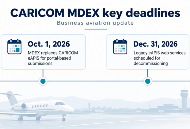 CARICOM MDEX transition timeline showing Oct. 1, 2026, portal replacement and Dec. 31, 2026, legacy eAPIS web services decommissioning deadline